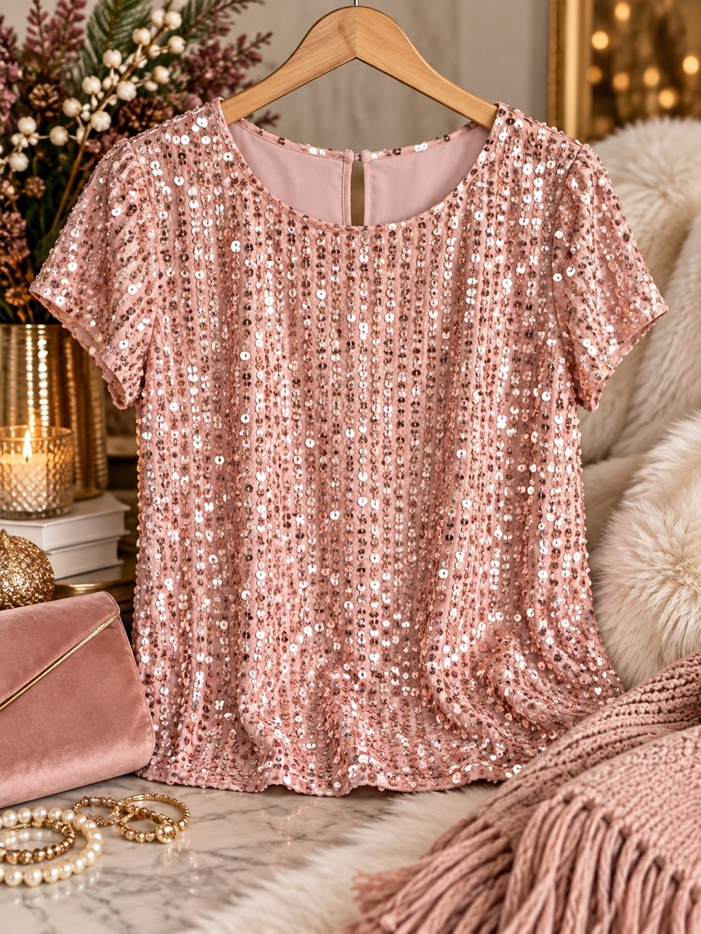 Cupio Pink Sequin Flutter Sleeve Top With Statement Back Bow Size L NWT